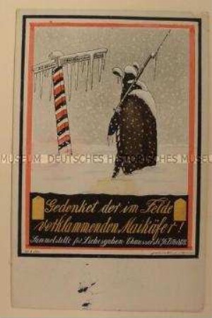 Deutsche Kriegspostkarte mit grafischer Darstellung und Aufruf zur Kleidersammlung "Gedenket der im Felde verklammenden Maikäfer!", geschrieben von Max Schulze an Ida Thiele; Berlin, 5. Dez. 1914