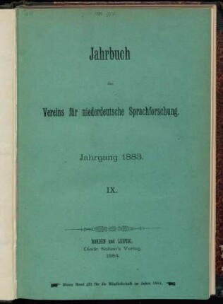 9.1883: Jahrbuch des Vereins für Niederdeutsche Sprachforschung