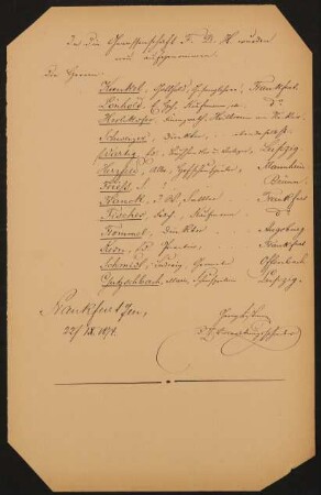 Liste "In die Genossenschaft F.D.H. wurden neu aufgenommen" (22.09.1874)