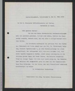 Brief von Helene Lange an die G. Braun Hofbuchhandlung