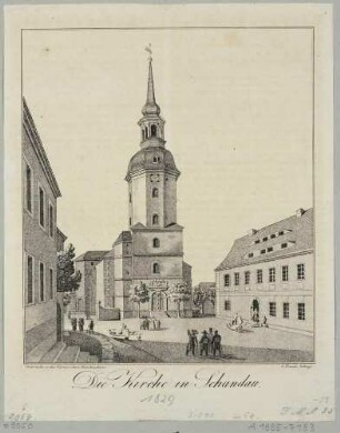 Die St.-Johanniskirche in Schandau (Bad Schandau), Blick über den Marktplatz, aus der Zeitschrift Dresdner Stadt- und Landbote für das Königreich Sachsen