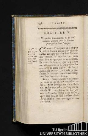 Chapitre V. De quelles précautions, ou de quels remedes doivent user les femmes pour guérir leur Jalousie.