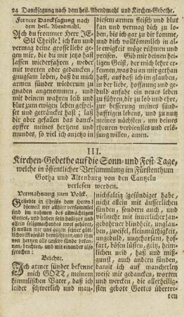 III. Kirchen-Gebethe auf die Sonn- und Fest-Tage, welche in öffentlicher Versammlung im Fürstenthum Gotha und Altenburg von den Cantzeln verlesen werden.