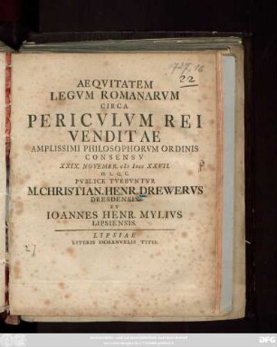 Aeqvitatem Legvm Romanarvm Circa Pericvlvm Rei Venditae
