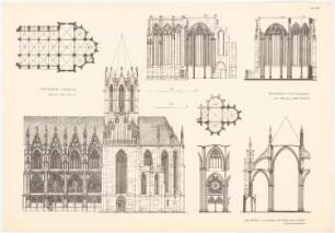 St. Katharina, Oppenheim. St. Wernerskapelle, Bacharach: Grundriss, Ansicht, Innenansichten Oppenheim, Querschnitt, Grundriss, Detail Bacharach (aus: Gotische Baukunst in Deutschland, hrsg. v. Zeichenaussch. d. Stud. d. TH Berlin, 1875)