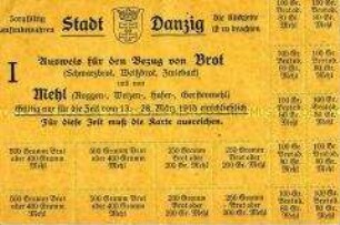 Brotkarte der Stadt Danzig mit 18 Marken