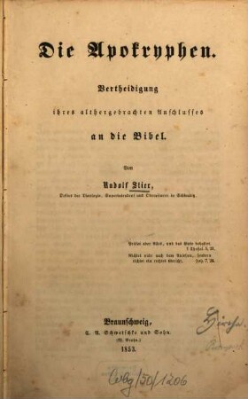 Die Apokryphen : Vertheidigung ihres althergebrachten Anschlusses an die Bibel