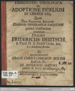 Exercitatio Theologica De Adoptione Fidelium In Liberos Dei