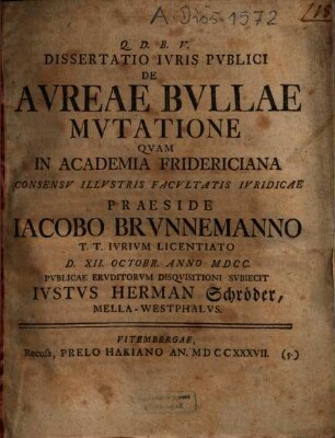 Dissertatio Iuris Publici De Aureae Bullae Mutatione