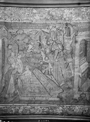 Atrechtscher Wandteppich, Detail Tafel 12: Auferweckung von Blanda durch den heiligen Eleutherius