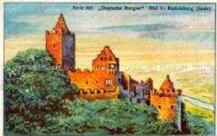 Sammelbild der Serie "Deutsche Burgen": Rudelsburg; mit Werbung für die Margarine "Porzelle" und "Profita"