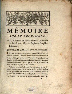 Mémoire sur le Provisoire pour le Sieur de Vedel-Monte