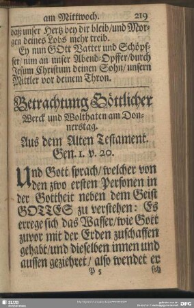 Betrachtung Göttlicher Werck und Wolthaten am Donnerstag