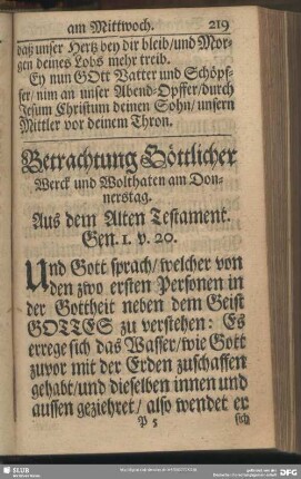 Betrachtung Göttlicher Werck und Wolthaten am Donnerstag