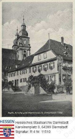 Amorbach im Odenwald, Katholische Pfarrkirche / Außenansicht mit Mariensäule