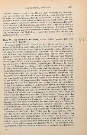 481-482 [Rezension] Balthasar, Hans Urs von, Bernanos