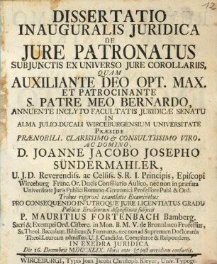 Dissertatio Inauguralis Juridica De Jure Patronatus : Subjunctis Ex Universo Jure Corollariis