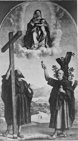 Madonna mit Kind in den Wolken und zwei Heiligen