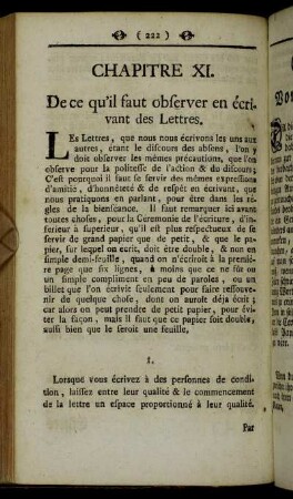 Chapitre XI. De ce qu´il faut observer en écrivant des Lettres. = Eilftes Kapitel. Vom Briefschreiben.