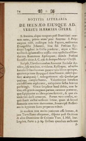 Notitia Literaria De Irenæo Eiusque Adversus Hæreses Opere.