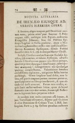 Notitia Literaria De Irenæo Eiusque Adversus Hæreses Opere.
