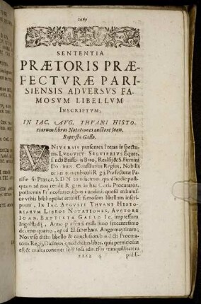 Sententia Prætoris Præfecturæ Parisiensis Adversus Famosum Libellum Inscriptum.
