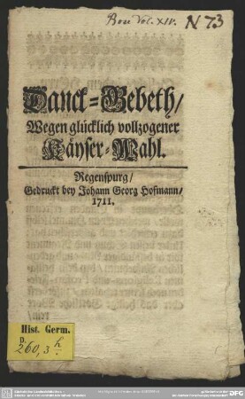Danck-Gebeth, Wegen glücklich vollzogener Käyser-Wahl
