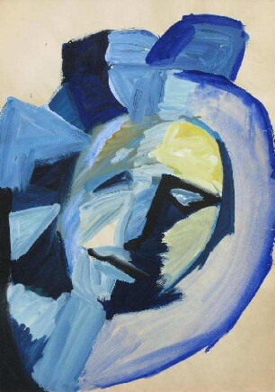 Blauer Kopf auf ockerfarbenen Grund