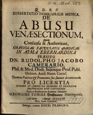 Dissertatio Inauguralis Medica, De Abusu Venaesectionum