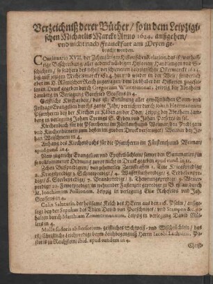 Verzeichniß derer Bücher/ so in dem Leipzigischen Michaelis Marckt Anno 1624. außgehen/ und nicht nach Franckfurt am Meyen gebracht worden.