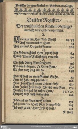 Drittes Register, Der gewöhnlichen Kirchen-Gesänge, darnach diese Lieder eingerichtet