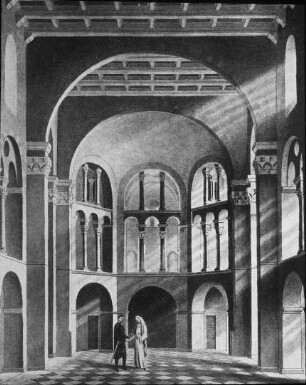 Essen, Kath. Dom St. Kosmas und Damian (ehem. Stiftskirche); Innenansicht des Chorraums auf historischer Darstellung