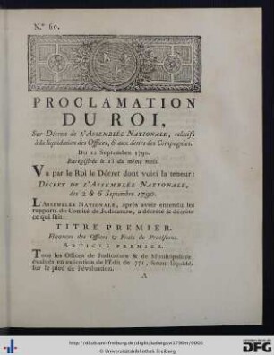 Proclamation du Roi, sur décrets de l'Assemblée Nationale, relatifs à la liquidation des offices, & aux dettes des compagnies.