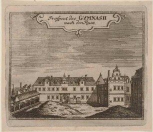 Das zerstörte alte Gymnasium an der Nordseite des Johannisplatzes (heute Nr. 2) in Zittau in der Oberlausitz nach dem Bombardement 1757, aus Montalegres Sechs Stadt Zittau