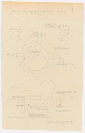 Gartenanlagen und Gärten Wohngebiet Burgfeld, Neviges: Garten des Stadtdirektors Willebrand, Werkzeichnung für Wasserbecken und Steinbank: Grundrisse, Ansichten, Schnitte 1:20, 1:10