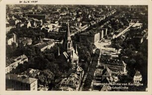 Postkartenalbum mit Motiven von Karlsruhe. "Flugzeugaufnahme von Karlsruhe. Christuskirche"