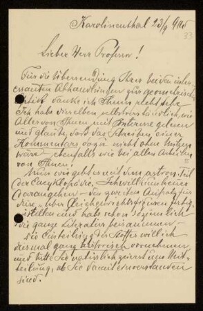 Nr. 33 Brief von Samuel Oppenheim an Karl Schwarzschild. Karolinenthal, 23.9.1915