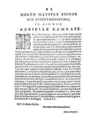 Al Molto Illustre Signor Mio Osservandissimo, Il Signor Abrielle Bambase.