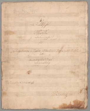 Masses, V (4), Coro, orch, org, G-Dur - BSB Mus.ms. 7486 : [cover title, org:] 1 t e // Deutsche // Messe // (akademische) // für // 4 Singstim[m]en 2 Violin 2 Flauten 2 Horn in G, D et F // und // concertirende Orgel- // Begleitung // [left side:] Wilhelm Lechleitner // [right side:] W. Lesche mp