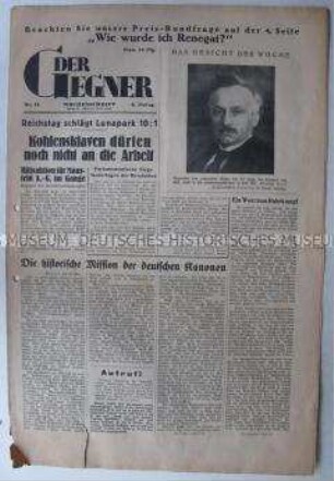 Kommunistische Wochenzeitung "Der Gegner" u.a. zum Kampf gegen die Besetzung des Ruhrgebietes