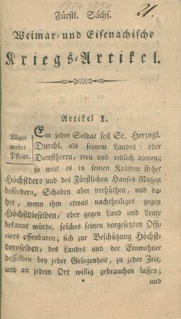 Fürstl. Sächs. Weimar- und Eisenachische Kriegs-Artikel