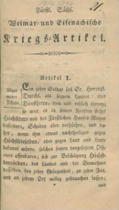 Fürstl. Sächs. Weimar- und Eisenachische Kriegs-Artikel