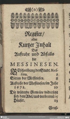 Register oder Kurtzer Inhalt des Aufruhr und Abfalls der Messinesen