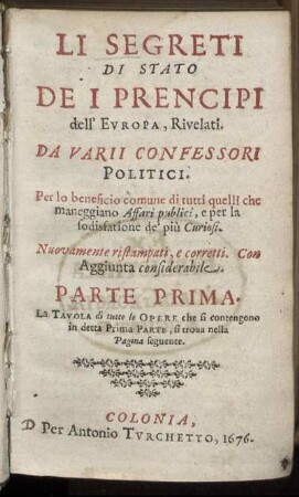 1: Li Segreti Di Stato De I Prencipi dell'Europa. 1