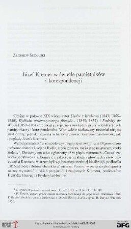 Józef Kremer w świetle pamiętników i korespondencji