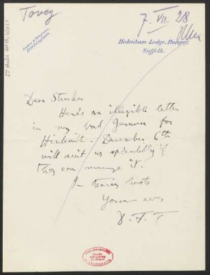 Brief an Willy Strecker an B. Schott's Söhne : 07.07.1928