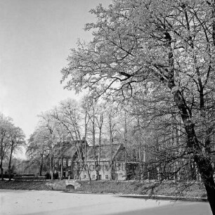 Schlossmühle: Mühlenredder, Bäume: davor äußerer Schlossgraben mit Eisdecke: im Vordergrund rechts Baum: Rauhreif: im Winter