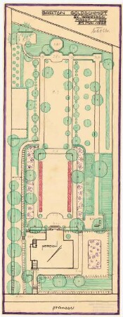 Garten Goldtschmidt, Berlin-Wannsee: Garten im Grundriss mit Umriss des Wohnhauses 1:200