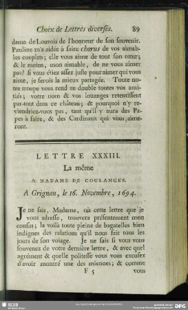 Lettre XXXIII. La même A Madame De Coulanges. A Grignan, le 16. Novembre, 1694