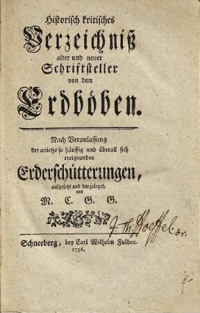 Historisch kritisches Verzeichniß alter und neuer Schriftsteller von dem Erdböben